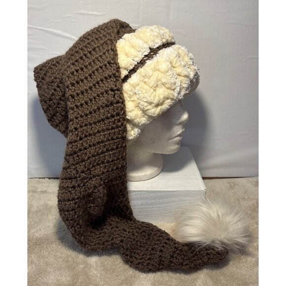 Handcrafted Brown & Cream Crocheted Elf Stocking Style Hat With Faux Fur Pom Pom - Picture 3 of 7